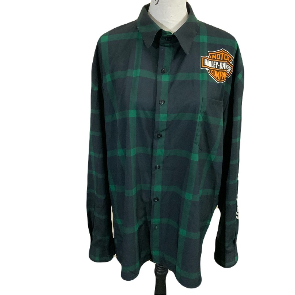 Harley-Davidson Men's Black and Green Checkered Shirt